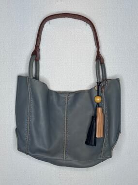 The Sak Feliz Blue Gray Leather Tote Shoulder Bag Tassel Boho Large